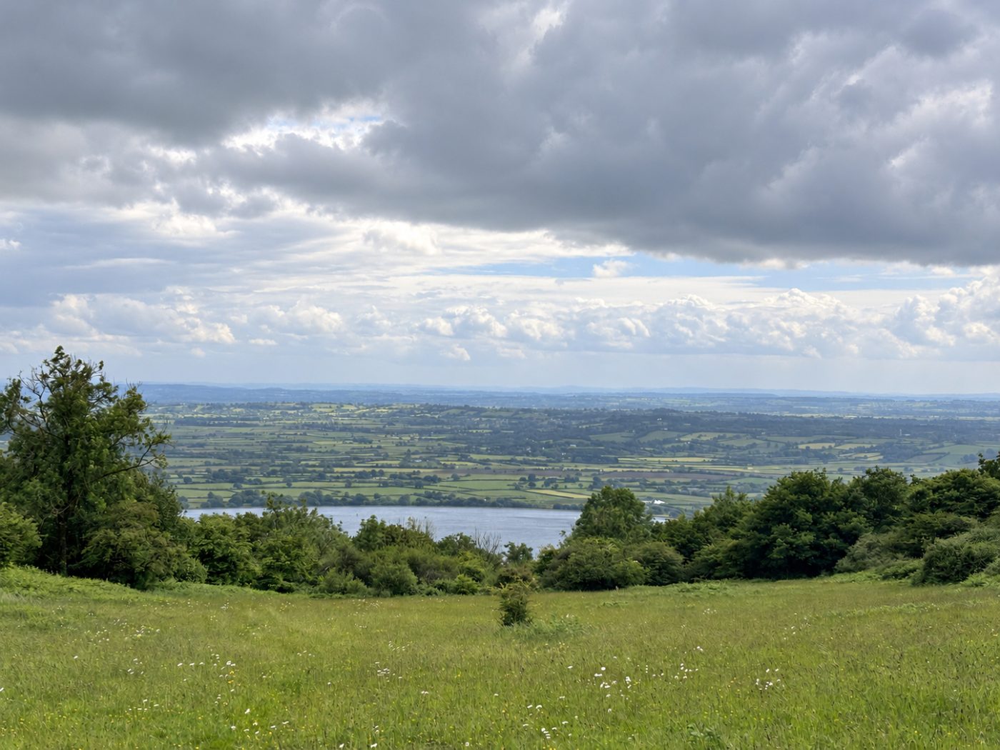 View over Somerset fields and Cheddar reservoir near Axbridge