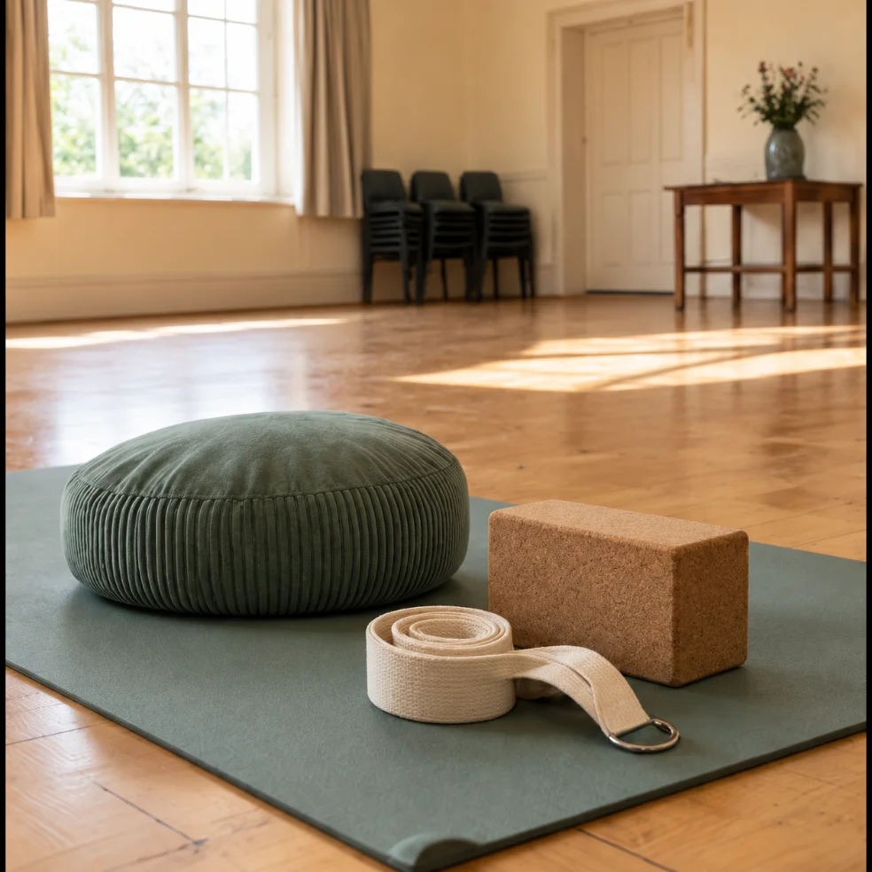 Yoga mat, meditation cushion, cork block and strap laid out in a sunlit hall